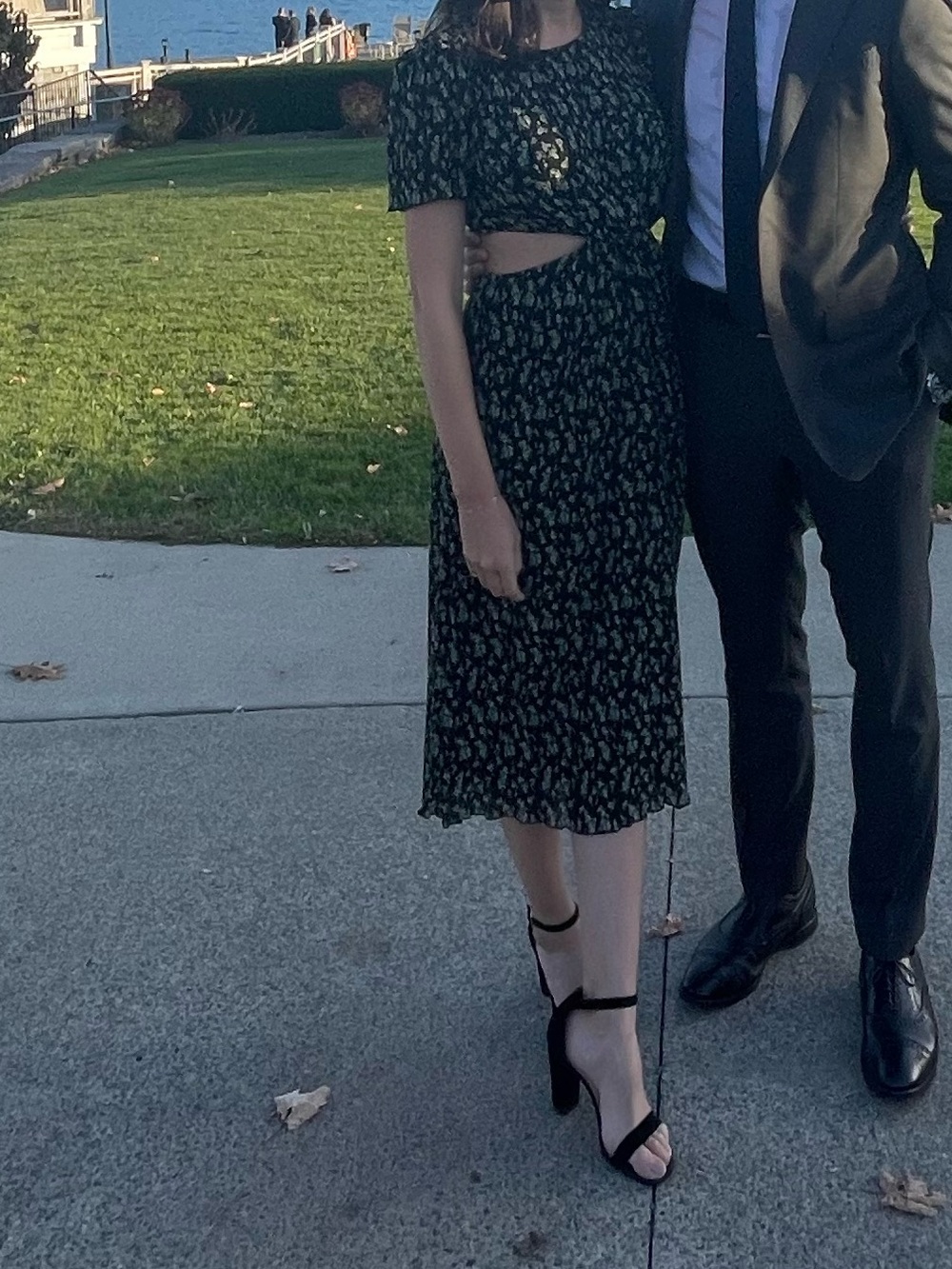 Black Floral Midi Dress with Cutout